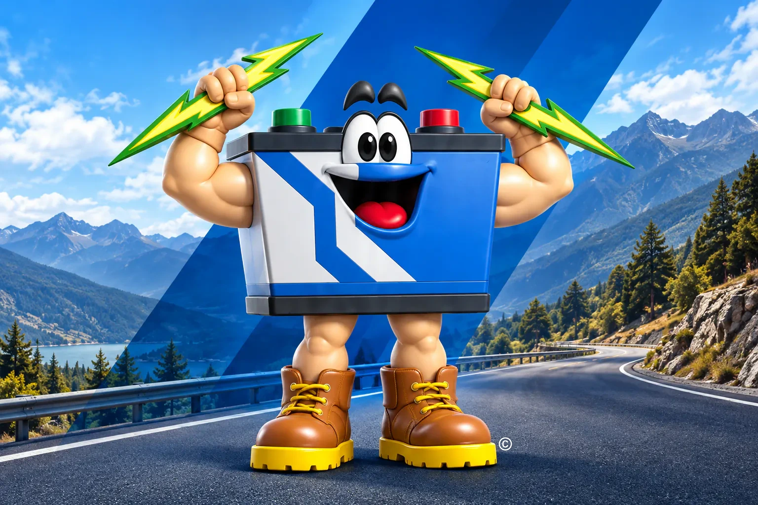 El personaje de la batería Robinson sostiene dos rayos de energía