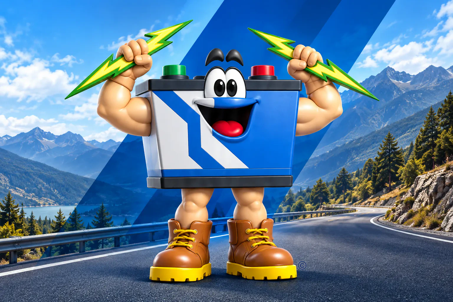 El personaje de la batería Robinson sostiene dos rayos de energía